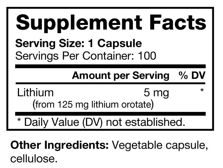 
                  
                    Load image into Gallery viewer, 100 Capsule Bottle of Bio-Design Lithium Orotate Supplement Facts and Ingredients List
                  
                