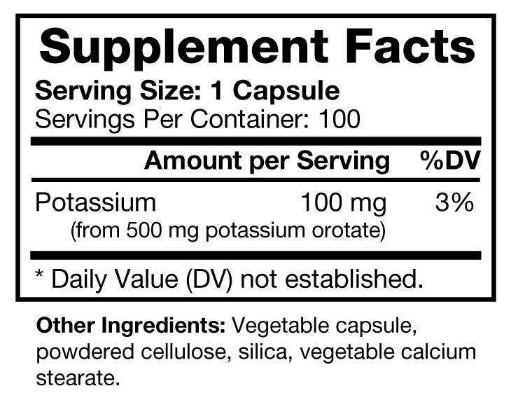 
                  
                    Load image into Gallery viewer, 100 Capsule Bottle of Bio-Design Potassium Orotate Supplemental Facts and Ingredients List
                  
                